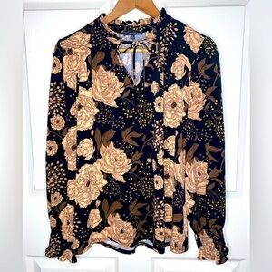 Adrianna Papell Black, Tan and Brown Blouse w/ Roses Size M Long Sleeve Top
